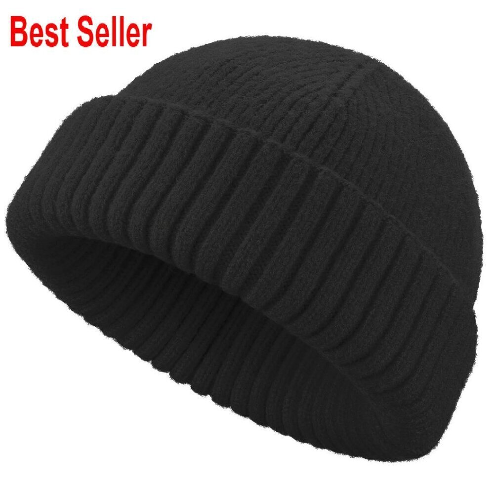 Wool Fisherman Beanie Double Cuffed Knit Skull Cap Winter Warm Hat Unisex